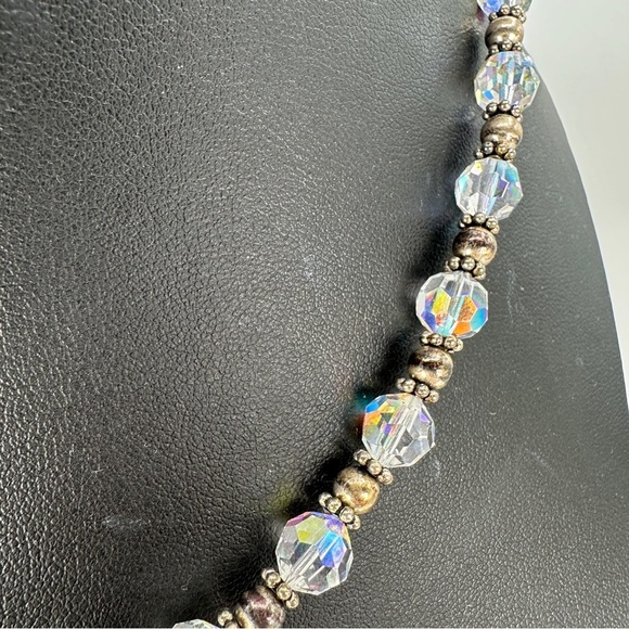 Vintage Aurora Borealis Glass Bead Necklace Sterling Silver Clasp, Spacer Beads - Picture 4 of 10